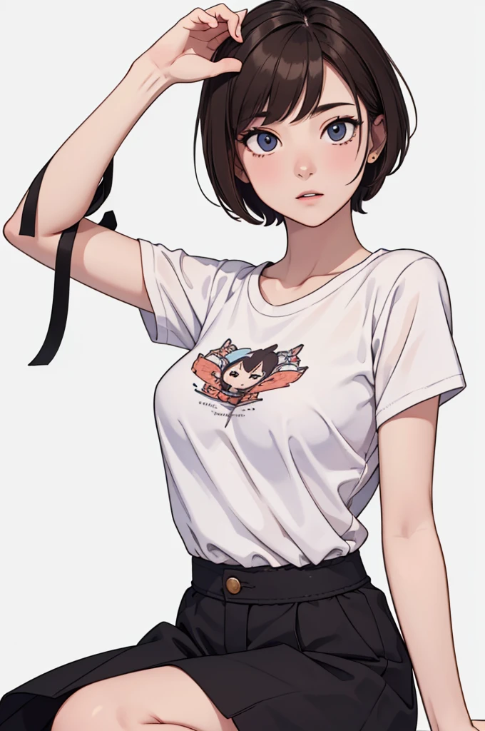 (((masterpiece, best quality, ultra highres, 1 girl, solo, no background))), super detailed skin and face and eyes and finger, beautiful japanese woman, small breasts:1.5, skinny, light brown hair, very short hair,pixie haircut, cowboy shot, white background, 2D anime, boyish, expressionless, Various clothes, Various poses, Please draw the entire character within the frame, ensuring that the head, arms and legs are not cut off, with the character positioned centrally, ?????? dots, t-shirt,