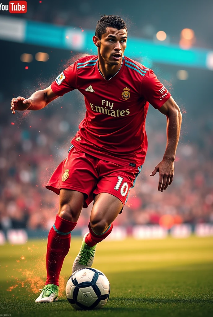 "Design a vibrant YouTube thumbnail with Cristiano Ronaldo in action, bold text saying '[Video Topic]', and a dynamic background."