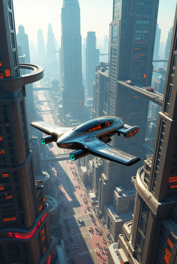 image of a car flying over the buildings of a city quality,8k