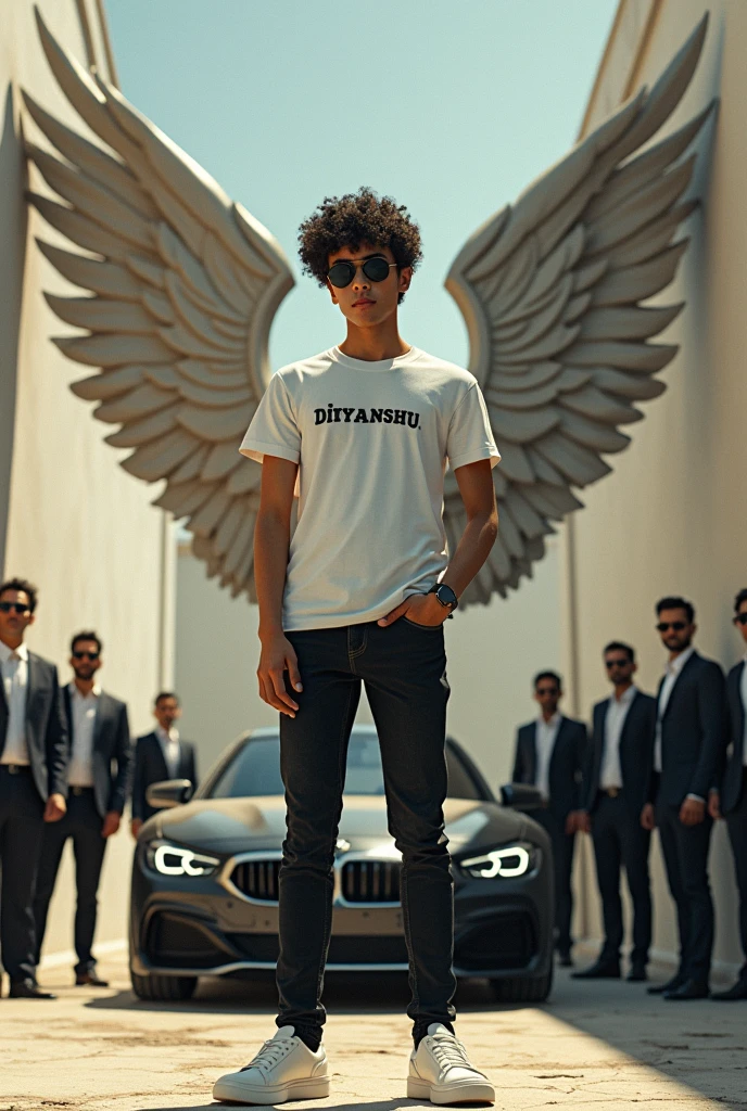 A boy wearing a white tshirt "Divyanshu" Is written on the tshirt boy wearing black sunglasses white shoes and full black jeans background a wing is stable on wall
And curly hair and car around wing and some bodyguards behind boy
