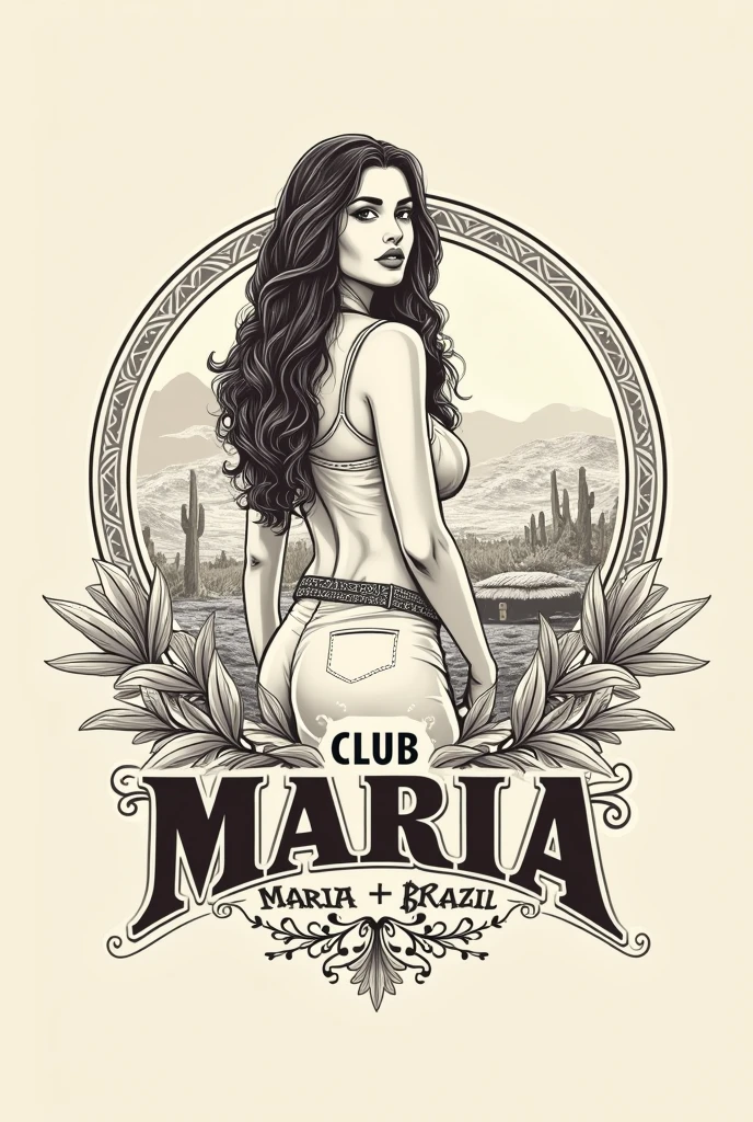 create a logo for a club with the theme of northeast Brazil, the name is Club Maria + pretty, a line drawing of maria bonita, who was Lampião's wife