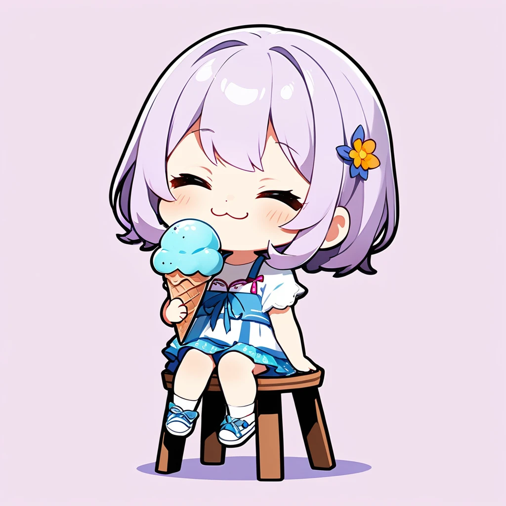 ultra-small deformation, Chibi Cute, 1girl, solo, full body, Light purple hair, summer outfits, sitting a stool and eating a triple scoop ice cream, Hand on cheek, :3, Smiling with eyes closed, High contrast and vivid color, simple background