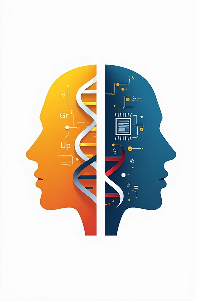 Make a logo on a white background, a head with two faces looking to the sides, On one side the DNA sequence and on the other a computer chip, USE THE YELLOW COLORS, blue and red