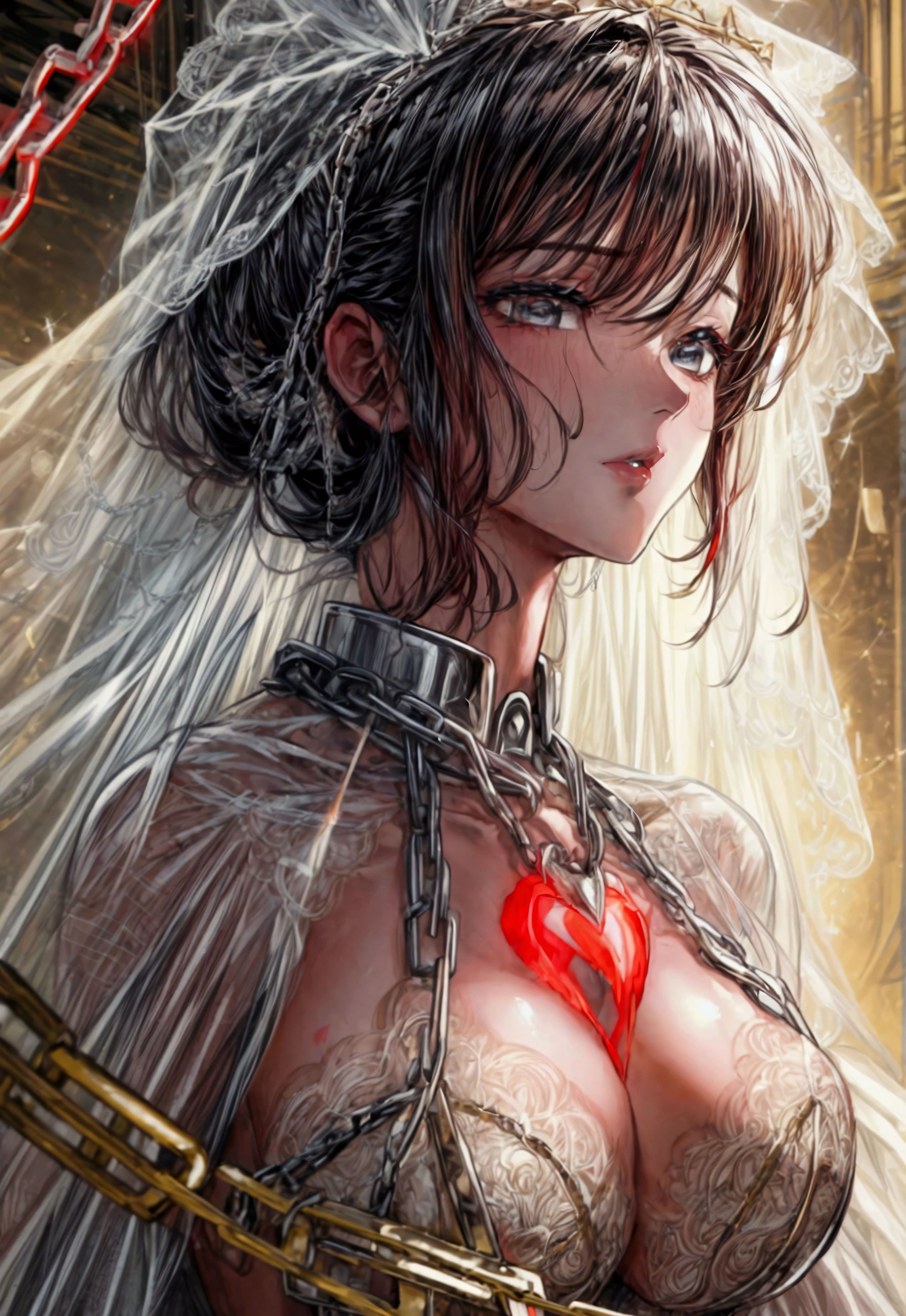 a comic art, Julie Bell art of a groom held by ((radiant chains: 1.2)), in his wedding day and his bride, a handsome groom, wearing suit and tie, BREAK AND a beautiful, sexy bride, busty bride, wearing white lace wedding dress, the chain holds the groom, with chains, the chain forms the shape of red glowing heart, cinematic light, High Detail, Ultra High Quality, High Resolution, 16K Resolution, Ultra HD Pictures, Ultra Realistic, Clear Details, Realistic Detail, Ultra High Definition, rpg portrait, chain leash, Comistyle
