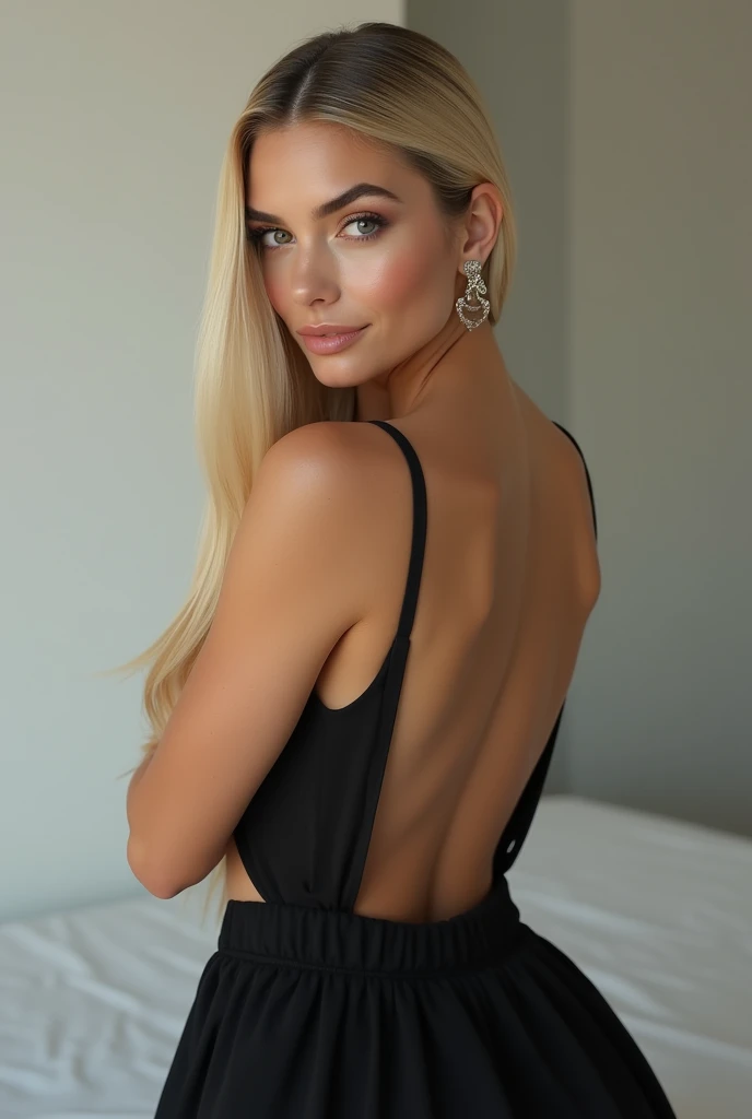 A very realistic and detailed photo of beautiful italian woman wearing black skirt, perfect makeup, long sleek straight ponytail blonde hair, high quality photo 4k, very detailed, perfect fit, looking at the camera, detailed realistic face, detailed eyes, confident 