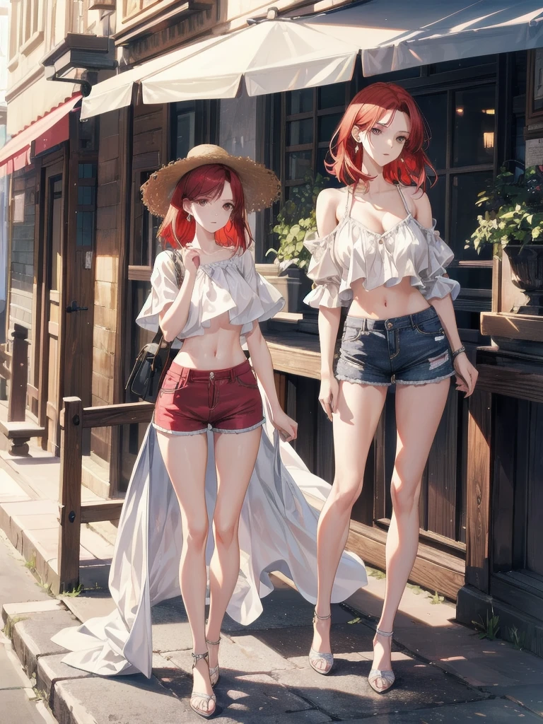 1 girl, One, only one girl ,short hair, Red hair, short tail, Blue eyes, necklace, piercing, tattoo on hand, USA, trees, swing, Swinging, flowers, yellow flower garden, цветочный USA фон, noon, River, white hats, short vans, crop top, Stomach tattoo,