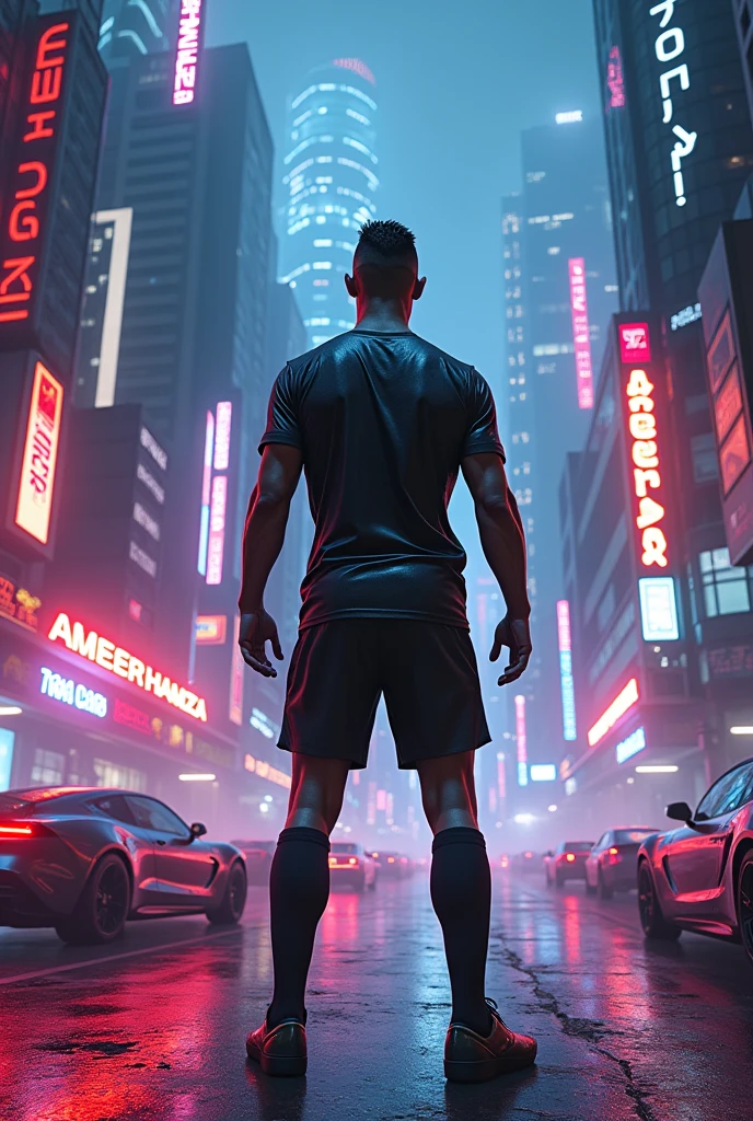 Cristiano Ronaldo stand in cyberpunk neon city with the name Ameer Hamza writes on all the building