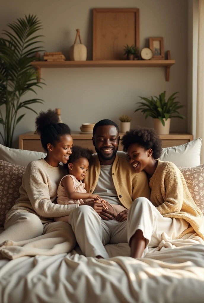 beautiful africa man sitting on bed with this family in a model house