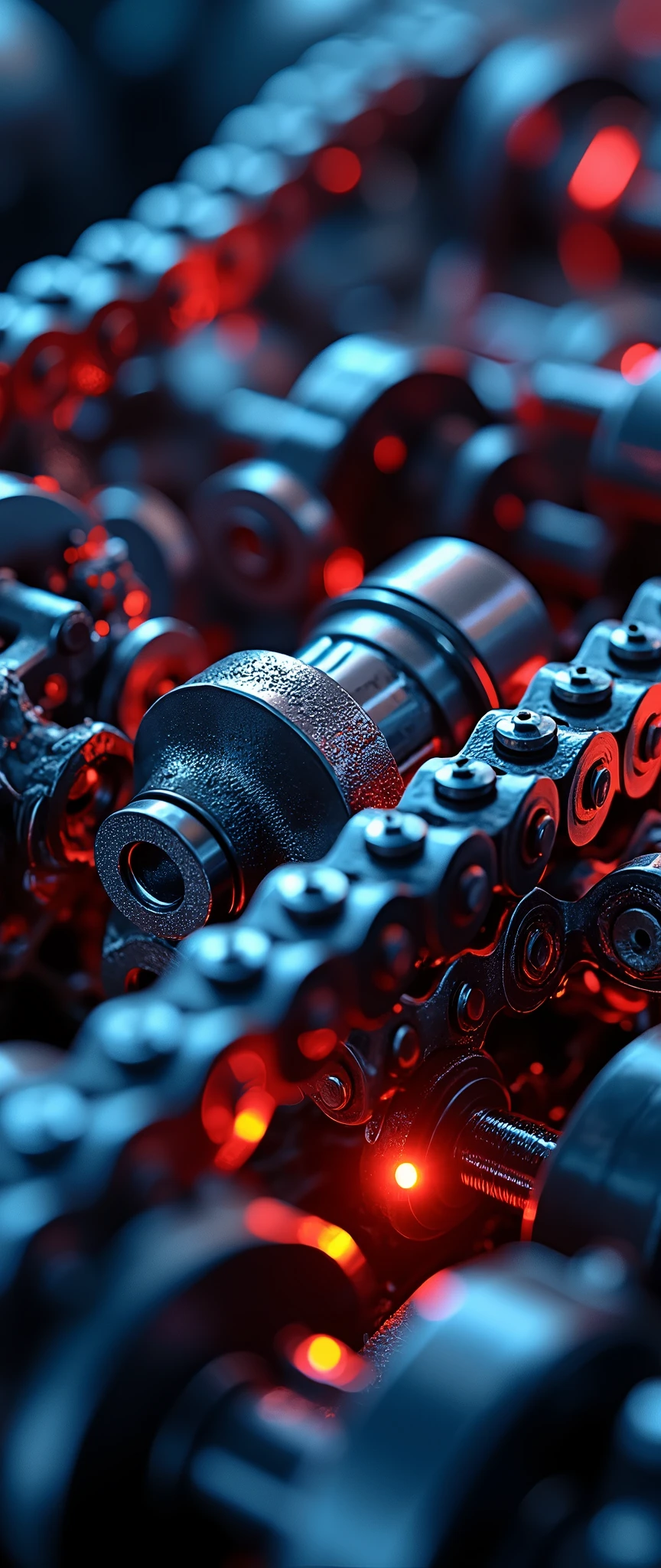 So many beautiful gears and beautiful timing chains, close-up shots of the timing chains, dynamic camera work, inside of an automobile, beautiful metallic light reflections, colorful led growing from inside, focus on the timing chains, black machine oil reflecting the lights