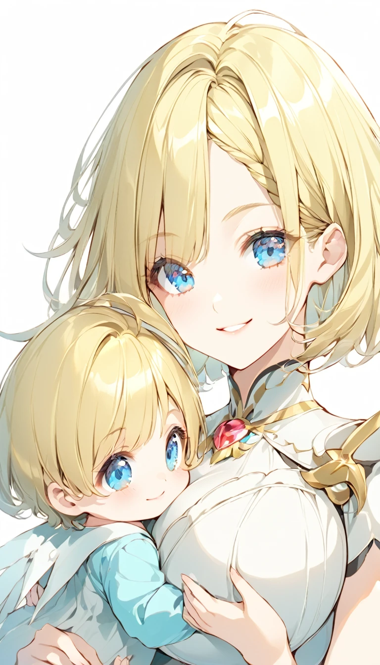 A little magical girl is smiling while holding a baby(sketch)(Small body), (Baby raising hand)Blonde (Short Bob Hair:1.4), (blue eyes), (Big Hair) (White Background), (eye shadow:1.3)(Large Breasts:1.3)