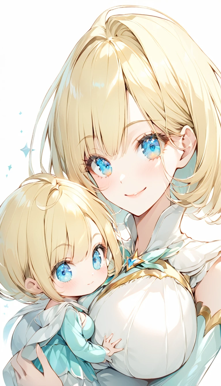 A little magical girl is smiling while holding a baby(sketch)(Small body), (Baby raising hand)Blonde (Short Bob Hair:1.4), (blue eyes), (Big Hair) (White Background), (eye shadow:1.3)(Large Breasts:1.3)