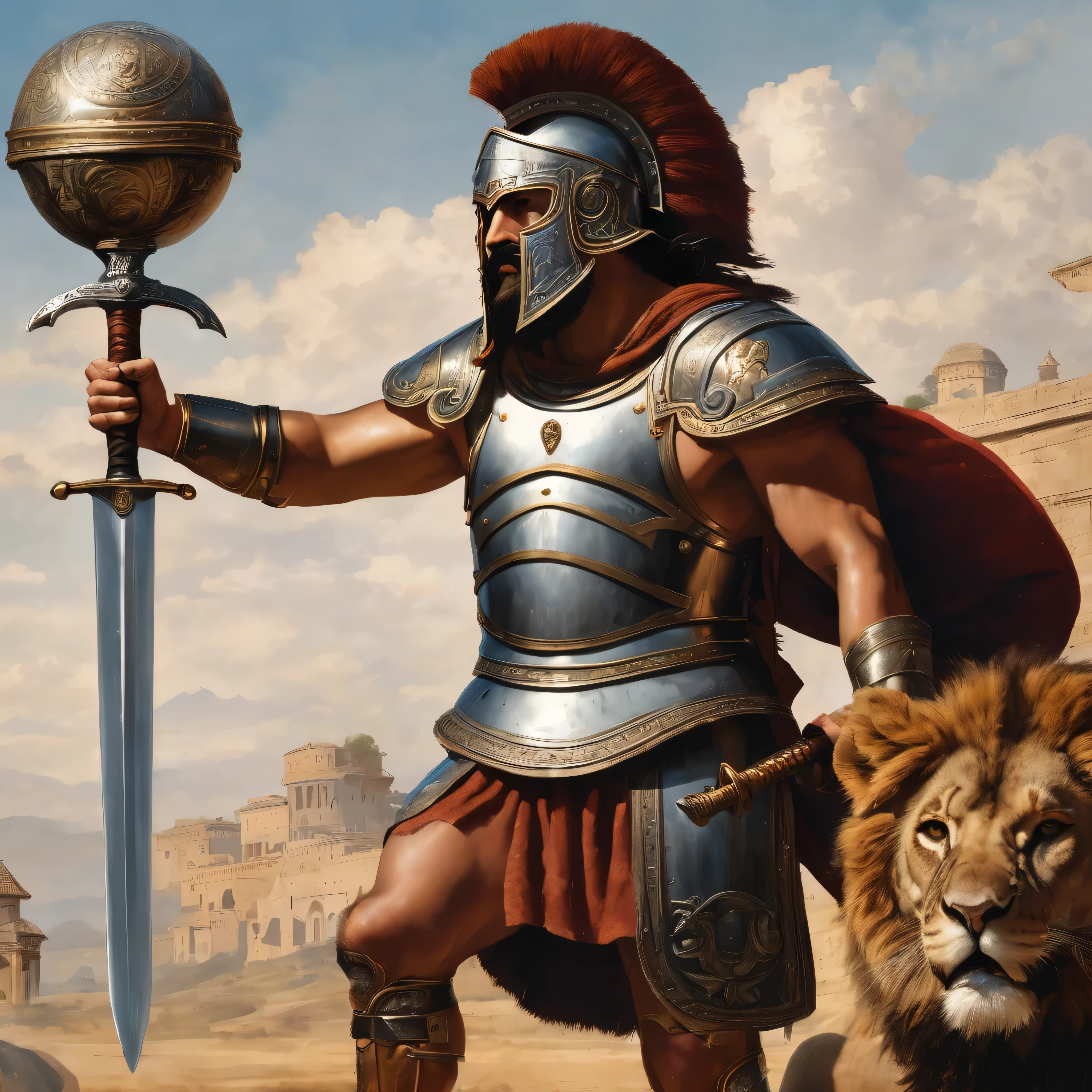 Realistic drawing of a gladiator wearing a helmet, hokd a sphere and a sword standing next to a lion