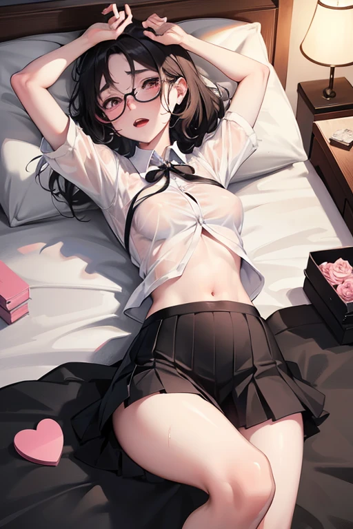 Chinese girl**Wear black round glasses**
 
Short-sleeved school shirt, short pleated skirt, messy black hair, pink heart-shaped eyes, navel, nipples visible through the shirt, small waist, big breasts, big butt, lying on the bed at night, warm light from the bulb, beautiful composition, taken by a professional photographer, open mouth and stick out tongue.,Tongue clearly visible, drooping eyebrows, shy, thin eyebrows, not too dark, small nose, some freckles on the face, , unconscious eyes, pink lips, pink cheeks, thighs and navel visible, legs spread, arms tied to the headboard, sweating a lot, legs wet, wearing a collar, red hickeys on the neck, visible all over the body.