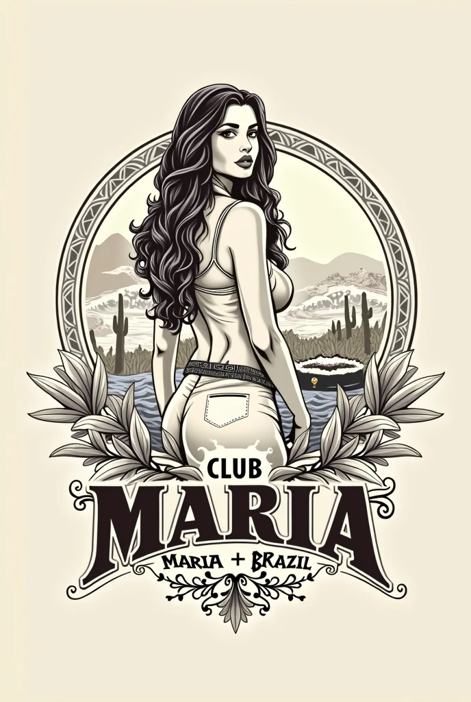 create a logo for a club with the theme of northeast Brazil, the name is Club Maria + pretty, a line drawing of maria bonita, who was Lampião's wife