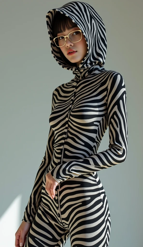 a most beautiful Chinese woman named Tiaw Li Yin with a pair of glasses wears zebra print turtleneck unitard catsuit.She always wear zebra print dancewear hijab-like hood covered with stripes.