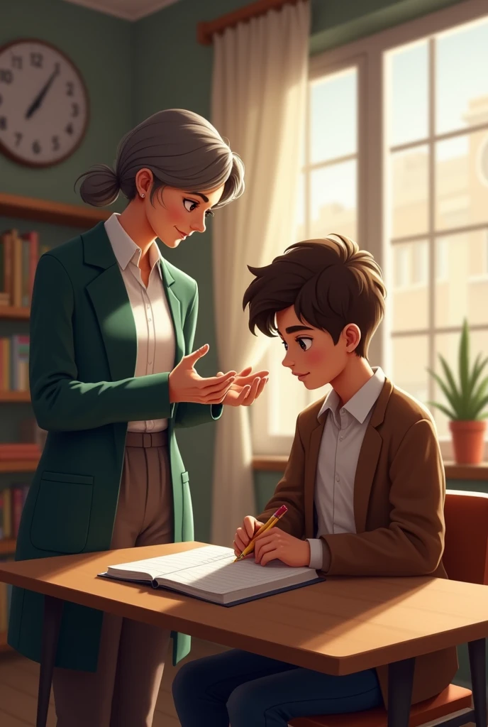 a teacher teaching a student in her notebook the teacher is standing next to the student who is sitting in her student seat