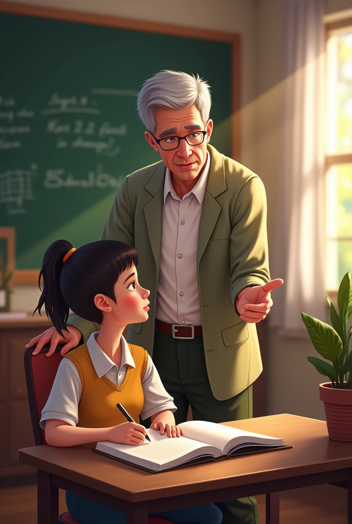 a teacher teaching a student in her notebook the teacher is standing next to the student who is sitting in her student seat