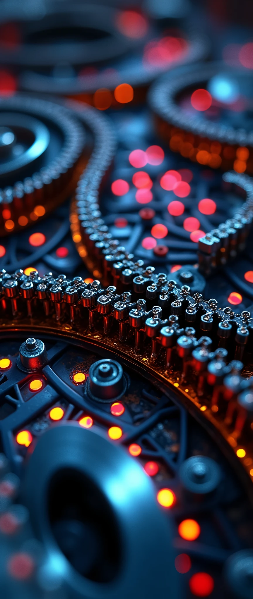 So many beautiful gears and beautiful timing chains, close-up shots of the timing chains, dynamic camera work, inside of an automobile, beautiful metallic light reflections, colorful led growing from inside, focus on the timing chains, black machine oil reflecting the lights