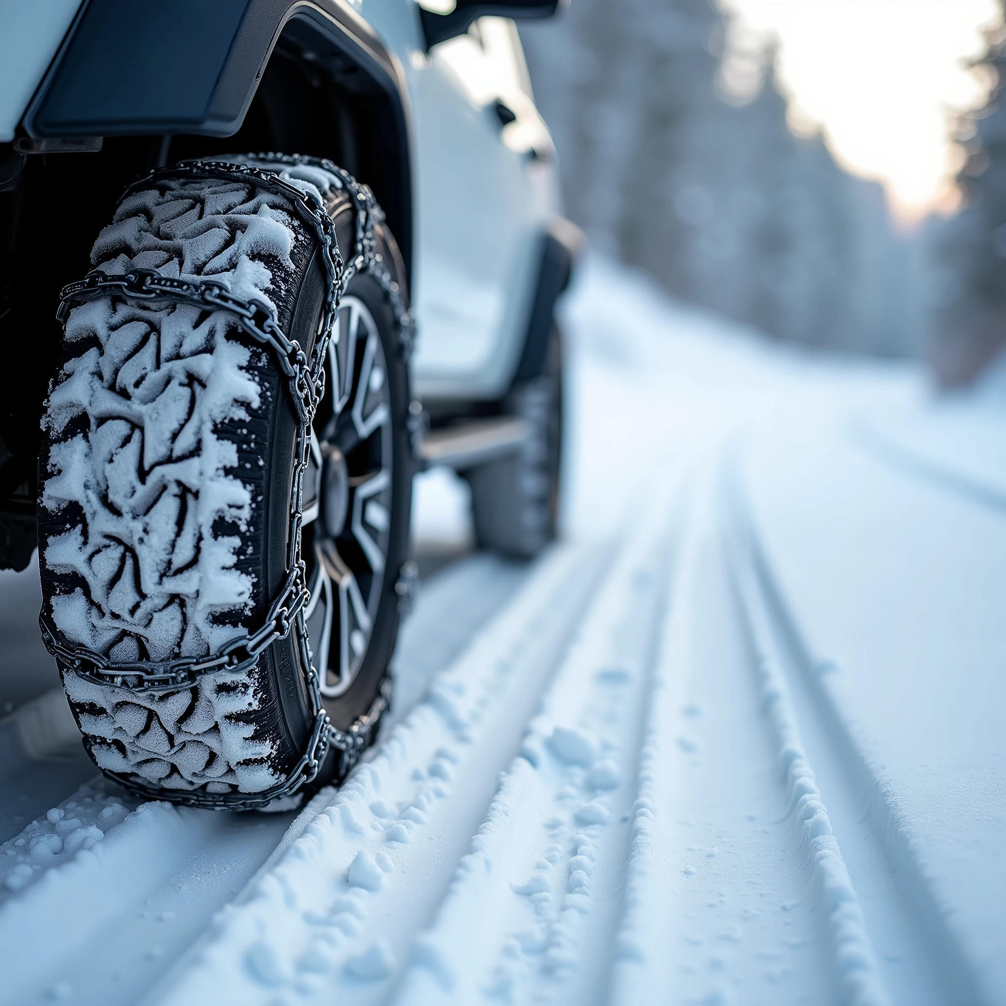 snow chains, close-up, snow covered roads,