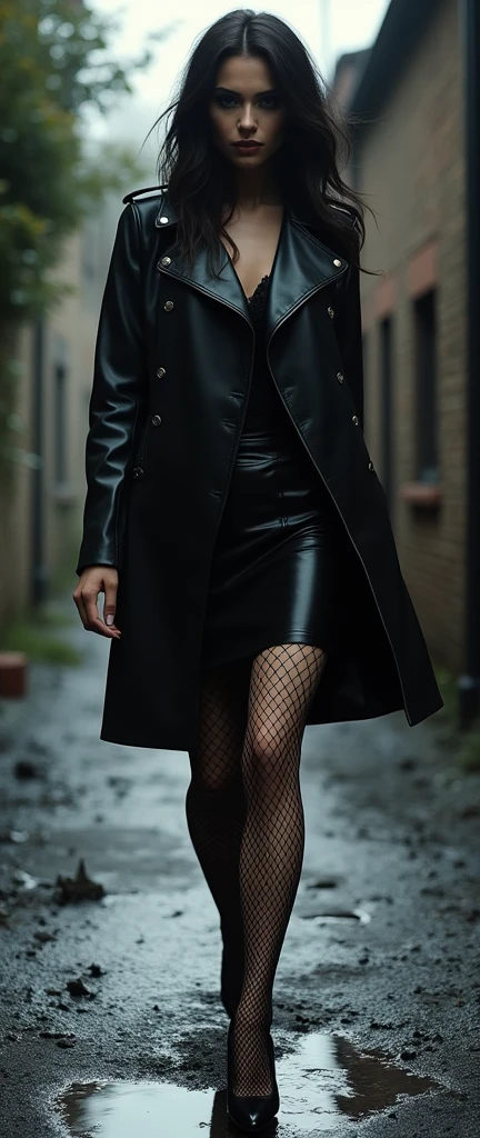 a chic ensemble stylish gotrhic woman in a dark black gothic leather jacket with high fishnets  walking elegantly quaint in black sludge (best quality,4k,8k,highres,masterpiece:1.2),ultra-detailed,(realistic,photorealistic,photo-realistic:1.37),HDR,UHD,studio lighting,ultra-fine painting,sharp focus,physically-based rendering,extreme detail description,professional,vivid colors,bokeh,portrait,high fashion,elegant,glamorous,cinematic,dramatic lighting,moody,mysterious,sensual,sophisticated