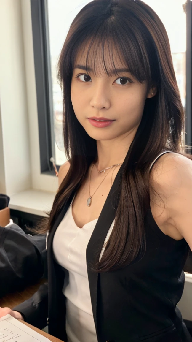 (top-quality, 16K, masterpiece:1.3), (ultra detailed), (masterpiece), (best quality), Highest quality, Realistic, Surreal, Highest quality, Extremely detailed CG, Very delicate, 16K wallpaper, High resolution, A woman in a management position at a prestigious company, 3, beautiful woman, ((Silky hair:1.2)), (beautiful straight medium hair:1.2), ((orgasm:1.5)), ((ecstasy:1.5)), (mole under eye:1.2), ((UNTITLED business suit:1.2)), ((Very simple necklace)), With a large window Japanese office, ((Working at desk:1.5)), Japanese, slender body, very detailed, detailed fingers, detailed hands, detailed eyes, detailed legs, accurate and perfect human anatomy, real human skin, BREAK ((upper body:1.5)), ((look into the viewer's eyes:1.5)), ((looking at viewer:1.5)), ((Front view:1.5)), ((from front:1.5)),