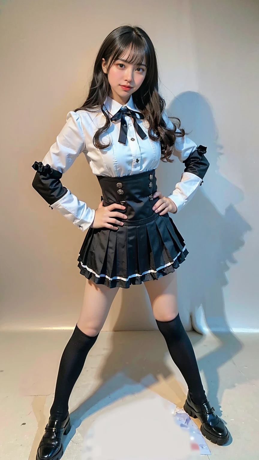 (8k、RAW Photos、Highest quality、masterpiece:1.2)、(Realistic、Realistic)、1 person、((View from the front、Black and white、Looking into the camera、check、boots、mini skirt、High school uniform、、Standing with one hand on hip、Frills、))、cute