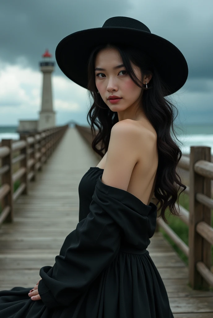 (Close-up of a better masterpiece:1.5)0.9], a 3 curvy asian woman with wavy black hair, wearing a hat, wearing a long black dress walking on a wooden bridge, a beautiful beach and a lighthouse are visible, dark clouds are overcast