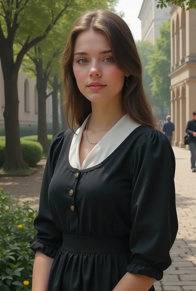A Polish female university student. She's wearing some modest dress that doesn't reveal cleavage because she's Catholic. She has ample chest and feminine feature. She's 20 years old. She has blue eyes. She's in the university. She doesn't wear veil. She doesn't have wrinkles. 