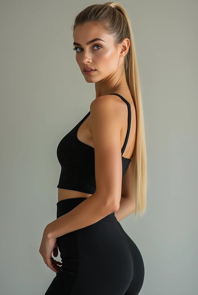 A very realistic and detailed photo of beautiful italian woman wearing black skirt, perfect makeup, long sleek straight ponytail blonde hair, high quality photo 4k, very detailed, perfect fit, looking at the camera, detailed realistic face, detailed eyes, confident
