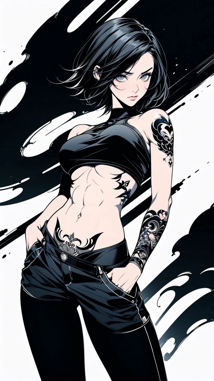 Angle from below, A woman with her hands in her pockets, Asymmetrical Short Hair, Black tube top, Perfect body, Big Breasts, Full body tattoos, Attractive abs, abstract design, A mixed black and white background, Anime Style, Digital Painting, (masterpiece, High resolution, Highest quality)