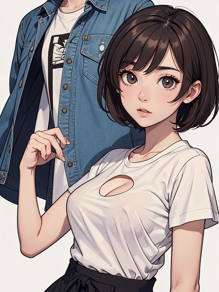 (((masterpiece, best quality, ultra highres, 1 girl, solo, no background))), super detailed skin and face and eyes and finger, beautiful japanese woman, small breasts:1.5, skinny, light brown hair, very short hair,pixie haircut, cowboy shot, white background, 2D anime, boyish, expressionless, Various clothes, Various poses, Please draw the entire character within the frame, ensuring that the head, arms and legs are not cut off, with the character positioned centrally, nipple dots, t-shirt,