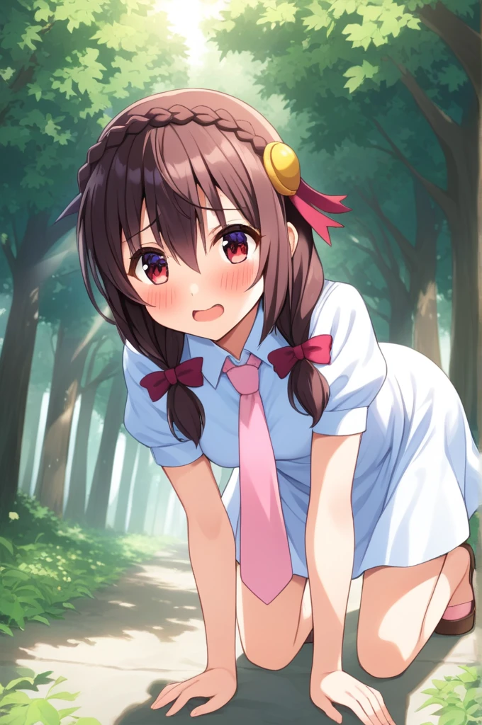 masterpiece, Highest quality, Nico_Yazawa,High resolution, 1 Girl, alone, Brown Hair, short hair, Twin tails、Purple eyes, Cowboy Shot, Frill dress, , Pink Dress, (Cleavage)、(Beautiful thighs)、city, Outdoor, garden, Carrying a red backpack, (randoseru backpack:1.2) Sweaty、Thick thighs、Highest quality、4K、1girl, 8ars old, lo, cute, grin, 、Skirt lift striped underwear、In the city、Many passersby are surrounding the girl.、、Thick thighs、Ahegao、Men holding their penises and surrounding girls、Semen from the penis、Bukkake、Bukkake、（Bukkake）