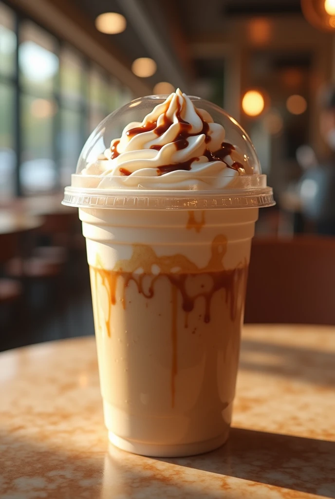 Realistic ice latte in plastic cup on the table of the coffee shop with no people around, close up 