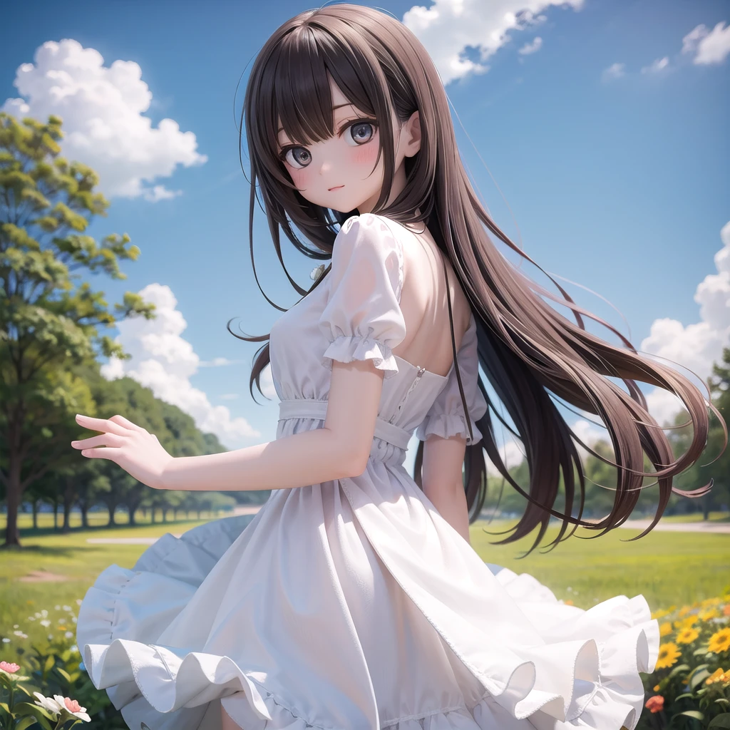 (masterpiece),    blue sky,  one person&#39;s,  smile,  alone,  Sailor suit、Long skirt,    petal,  plant、Skirt lining、Translucent slip、nostalgic、Black Pantyhose