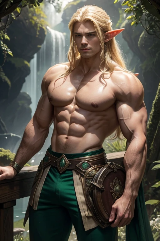 A stunningly chiseled elven warrior with the trademark pointed ears, luscious blonde locks cascading down his broad shoulders, and emerald green eyes brimming with determination. Revealing his sculpted physique, he stands amidst nature's bountiful embrace, perspiration glistening off his glistening skin, as he diligently hones his muscles in the open air. Captured in an exquisite oil painting, this masterful artwork flawlessly captures the essence of a Victorian-era hero, radiating strength and allure. The image pulsates with vibrant colors and exceptional attention to detail, visually immersing viewers in a world of fantasy and admiration.