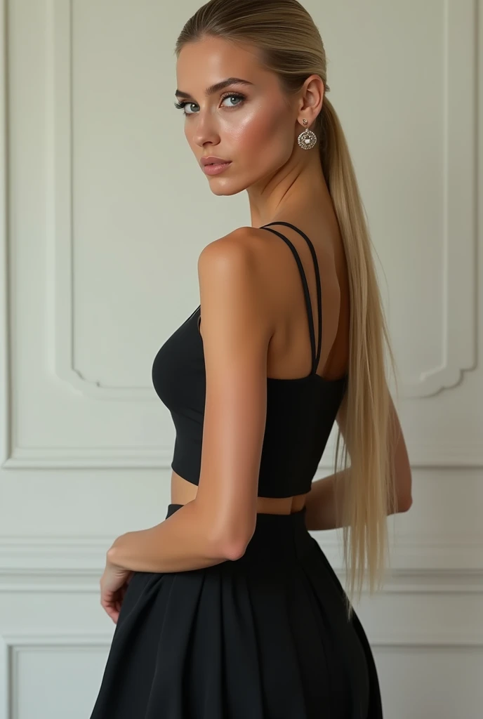 A very realistic and detailed photo of beautiful italian woman wearing black skirt, perfect makeup, long sleek straight ponytail blonde hair, high quality photo 4k, very detailed, perfect fit, looking at the camera, detailed realistic face, detailed eyes, confident