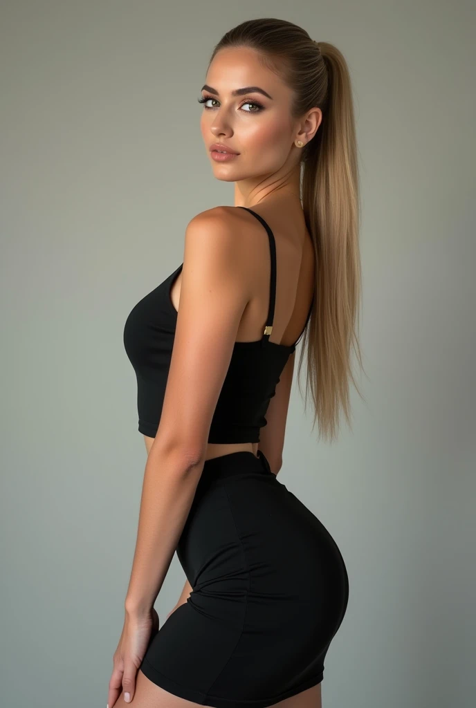 A very realistic and detailed photo of beautiful italian woman wearing black skirt, perfect makeup, long sleek straight ponytail blonde hair, high quality photo 4k, very detailed, perfect fit, looking at the camera, detailed realistic face, detailed eyes, confident 
