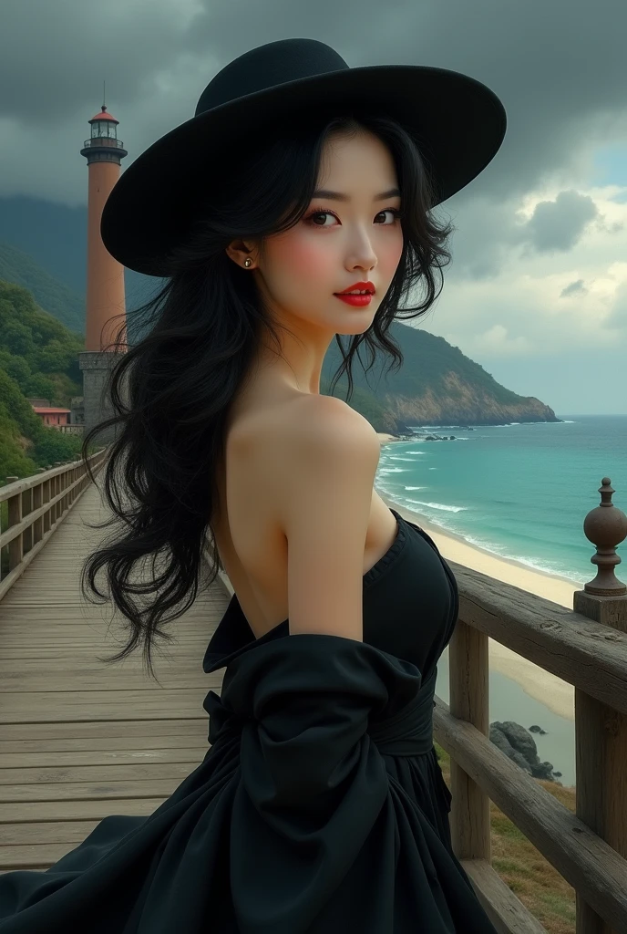 (Close-up of a better masterpiece:1.5)0.9], a 3 curvy asian woman with wavy black hair, wearing a hat, wearing a long black dress walking on a wooden bridge, a beautiful beach and a lighthouse are visible, dark clouds are overcast