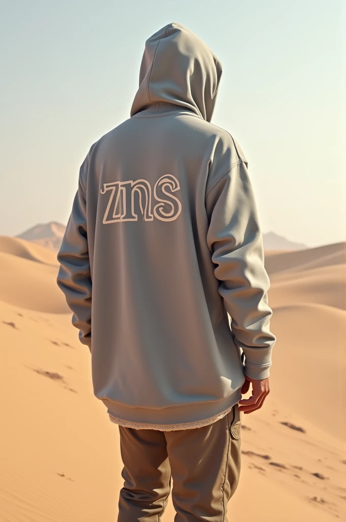 A fly-away sports sweatshirt porter, grey, with a logo called “ZNS”. In the desert, it looks soft.