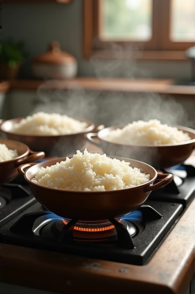 with 4 burners, with 4 pans full of rice on each of the burners