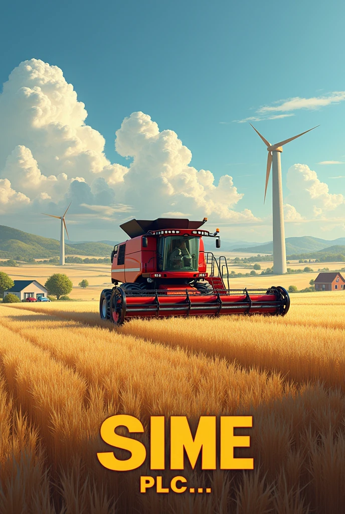 write boldly "Sime PLC..." at the bottom, combine harvester on a huge farm land, a tall building on a far behind, cars and A Home close to the land ,different kind of farm products on th land, a shade made of glass on the land,a big water pipes on the side,