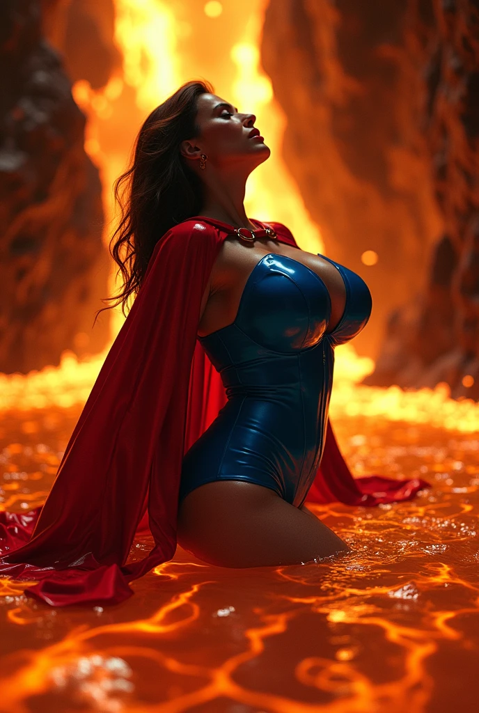 (NSFW:1.7) A SEXY FEMALE WEARING A TIGHT FORM FITTING BLUE SUPERGIRL COSTUME AND RED SUPERGIRL CAPE SITTING IN SUBMERGED IN A POOL HOT LAVA IN A MAGMA CHAMBER, PARTIALLY NUDE, ARCHED BACK MOANING AS SHE GRABS HER BOOBS. A VISUAL OF THE LAVA STREAM SEEPING AND FLOWING OUR FROM HER EXPOSED SUPERGIRL PUSSY.