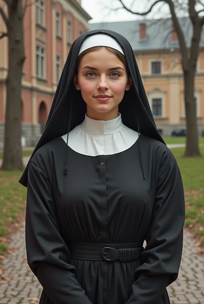 A Polish female university student. She's wearing some modest dress that doesn't reveal cleavage because she's Catholic. She has ample chest and feminine feature. She's 20 years old. She has blue eyes. She's in the university. She doesn't wear veil. She doesn't have wrinkles.