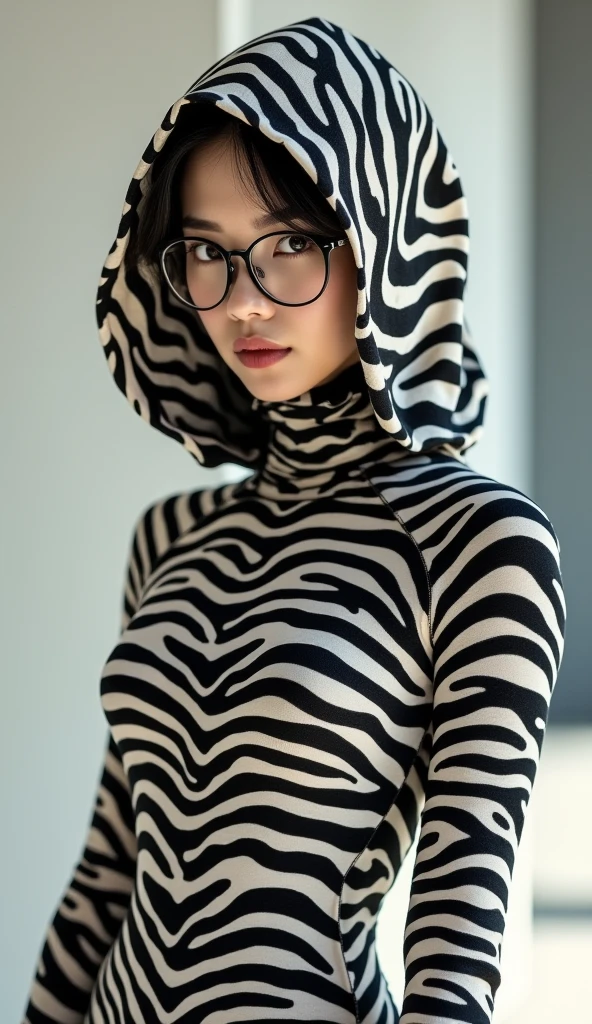 The beautiful and thin taiwan adult girl with beautiful cheeks wears grey leopard lycra turtleneck unitard catsuit covered with many spots and  grey leopard lycra elastane dancewear hijab-like hood.She wears a pair of glasses