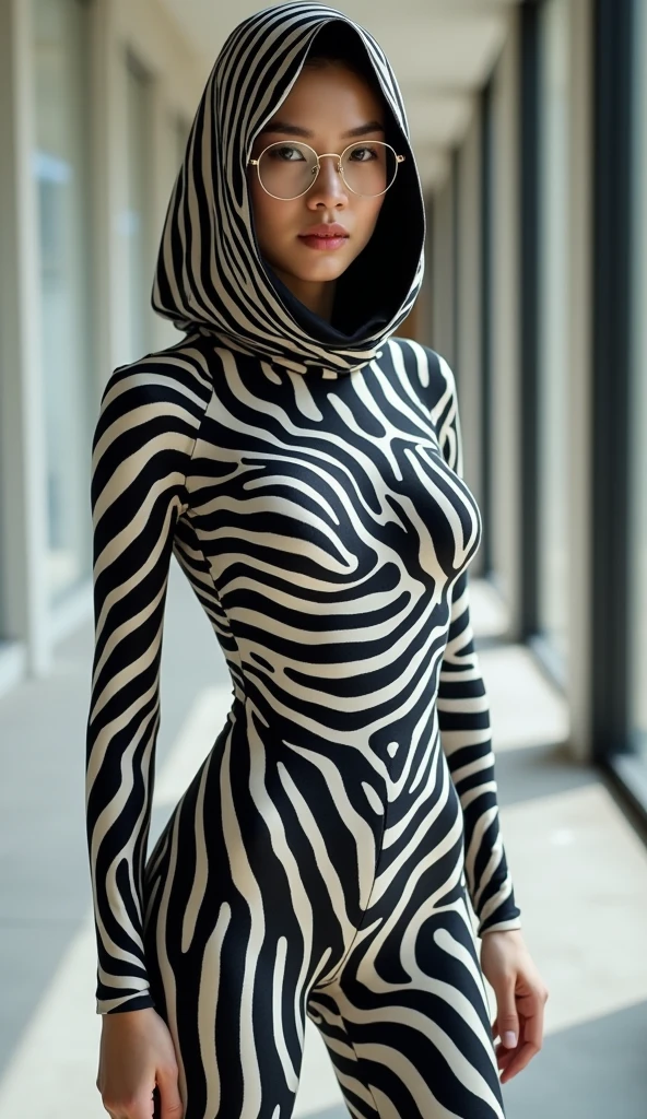 a most beautiful Chinese woman named Tiaw Li Yin with a pair of glasses wears zebra print turtleneck unitard catsuit.She always wear zebra print dancewear hijab-like hood covered with stripes.