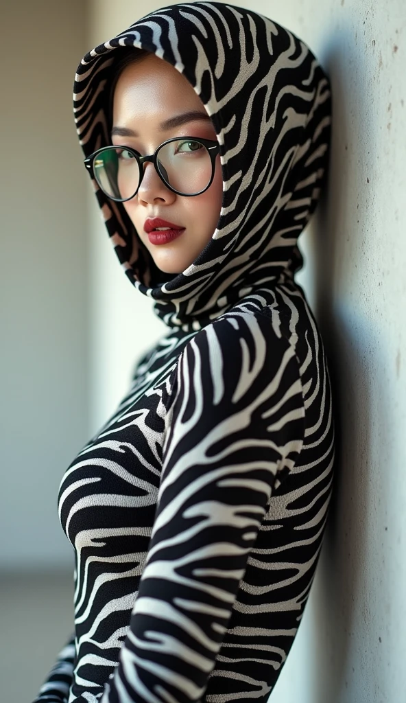 a most beautiful and thin 3 chinese contortion woman is wearing a pair of glasses wears leopard lycra footed turtleneck unitard catsuit.She always wear leopard unitard hijab-like hood.She is the most beautiful and has beautiful cheeks.