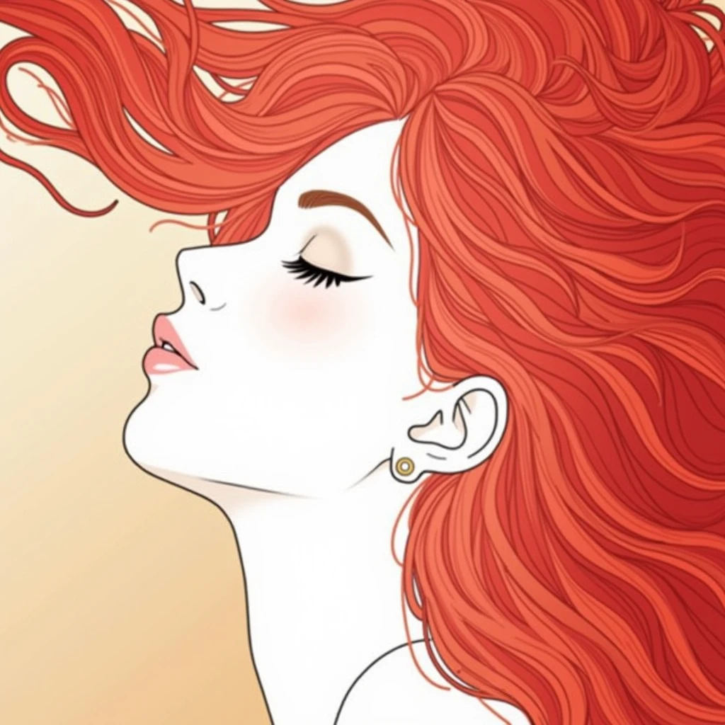woman in profile, redhead, realistic image, real human, closed eyes, chin up and hair blowing in the wind, 