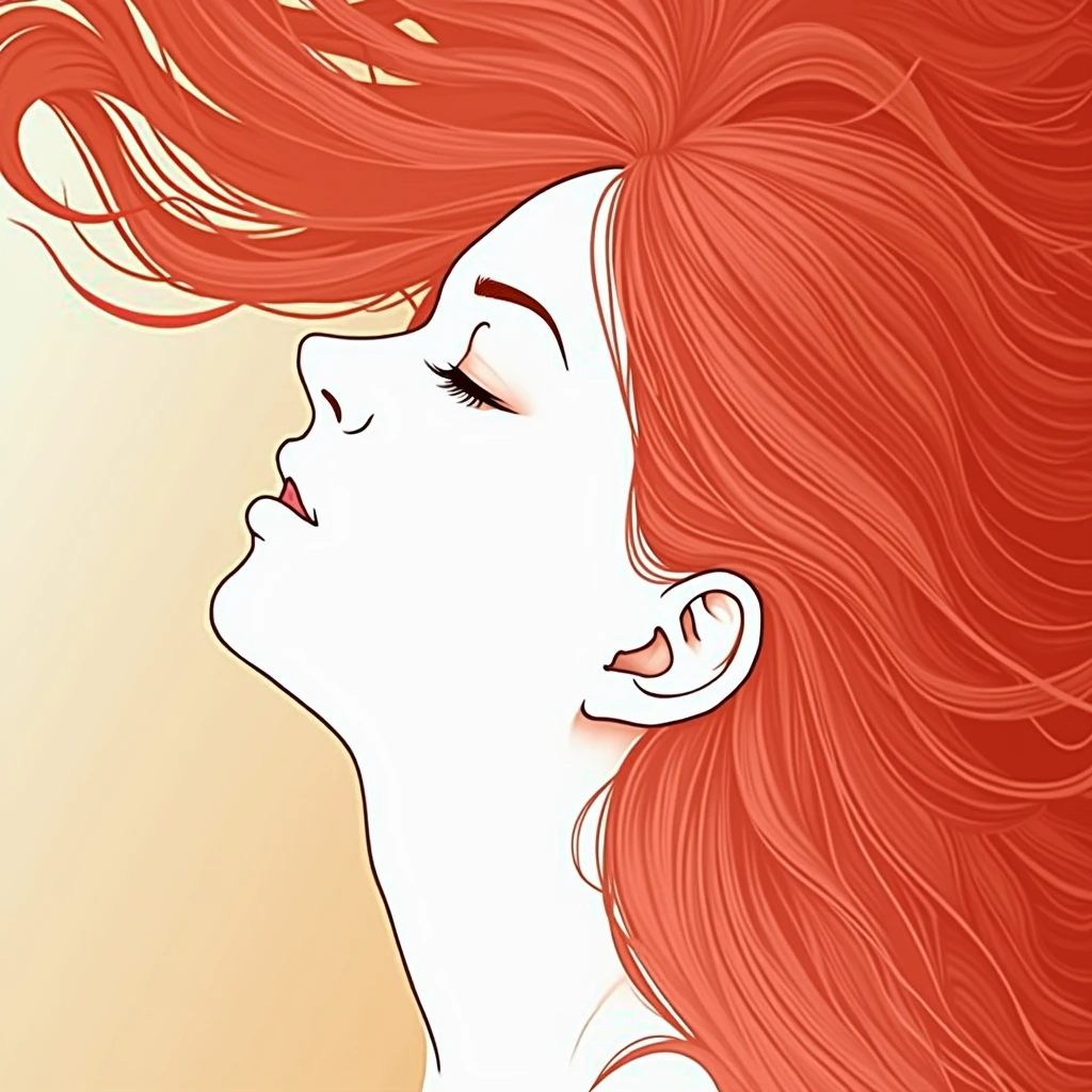 woman in profile, redhead, realistic image, real human, closed eyes, chin up and hair blowing in the wind,