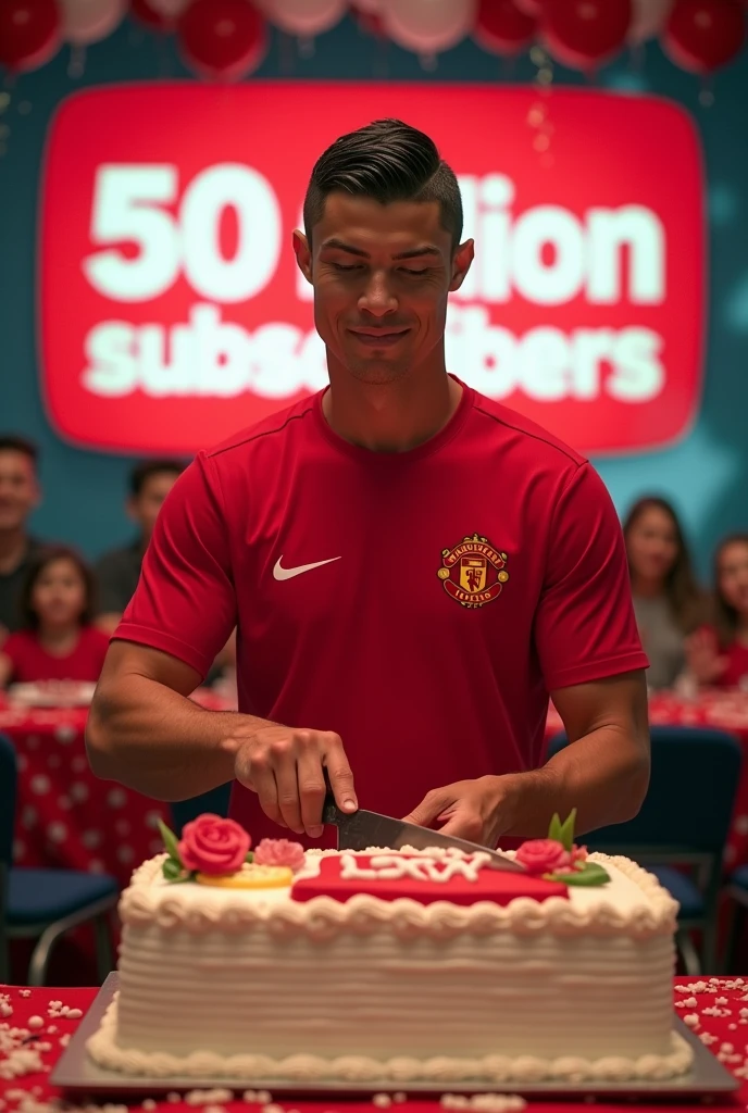 Ronaldo celebrate cake cutting for 50M you tube subscriber, he wore plane red tshirt only a YouTube logo there
.. & there ar 50Milion subscriber complete banner..
