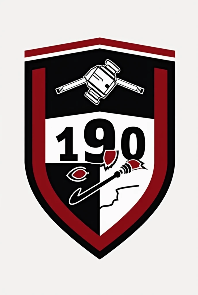 A football team crest with a referee&#39;s gavel and a referee&#39;s whistle, colors black, white and red, written 190.